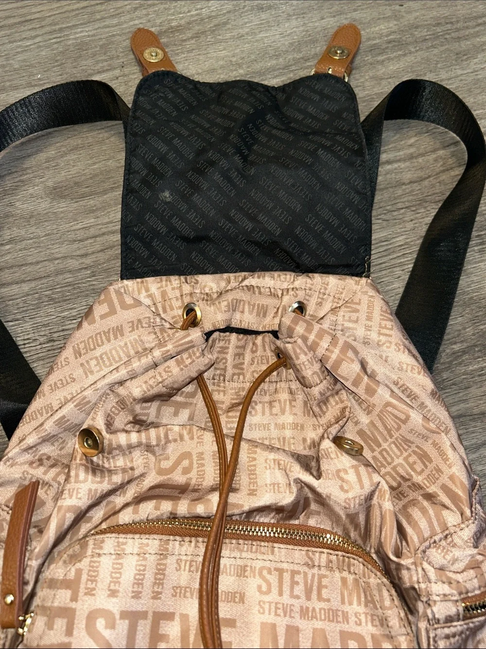 Steve Madden Logo Print Mini Backpack Tan Brown Nylon Drawstring Bag